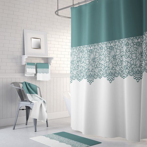 Sage Lace Pattern Shower Curtain with Optional Towels and Soft Bath Mat