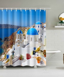 Santorini Greece Travel Shower Curtain | Ocean Beach Landscape Island Theme