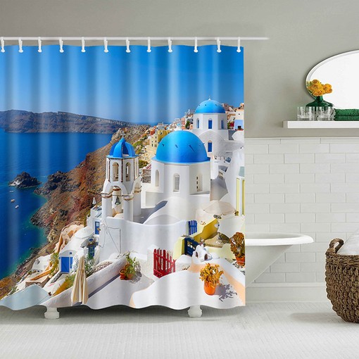 Santorini Greece Travel Shower Curtain | Ocean Beach Landscape Island Theme