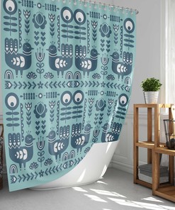 Scandinavian Bird Forest Shower Curtain, Nordic Birds Animal Flowers Vintage Touch