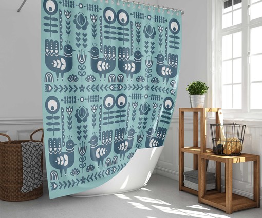 Scandinavian Bird Forest Shower Curtain, Nordic Birds Animal Flowers Vintage Touch