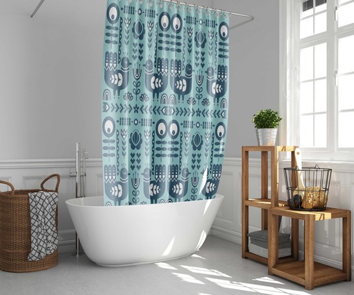 Scandinavian Bird Forest Shower Curtain, Nordic Birds Animal Flowers Vintage Touch - Image 2