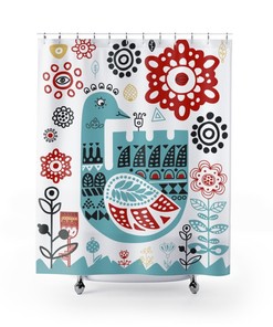 Scandinavian Folk Art Shower Curtain | Teal, Red & Black | Norwegian Danish Swedish Design + Quotes