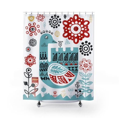 Scandinavian Folk Art Shower Curtain | Teal, Red & Black | Norwegian Danish Swedish Design + Quotes