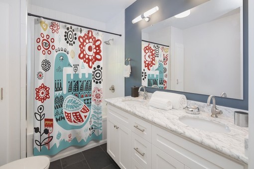 Scandinavian Folk Art Shower Curtain | Teal, Red & Black | Norwegian Danish Swedish Design + Quotes - Image 2