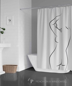 Scandinavian Line Art Shower Curtain with Nude Black and White Designer Bath Curtain