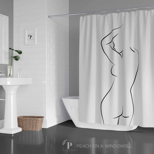 Scandinavian Line Art Shower Curtain with Nude Black and White Designer Bath Curtain