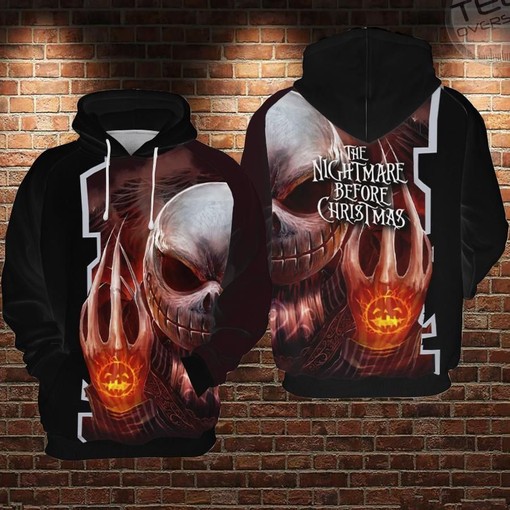 Scary Jack Skellington Black 3D Hoodie with Unique All Over Print Design for Men and Women