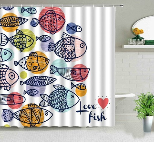 Sea Creature Love Underwater Fish Print Shower Curtain | Ocean Theme Home Bathroom Decor