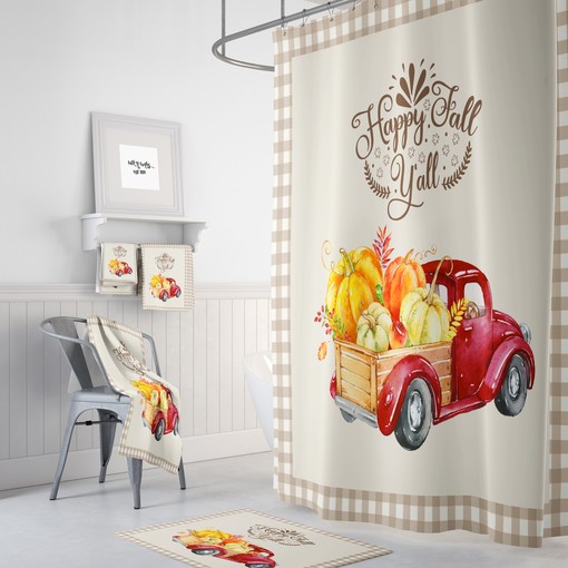 Seasonal Happy Fall Red Truck Shower Curtain - Welcome Autumn into Your Bathroom