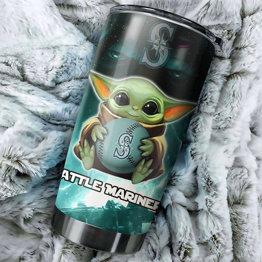 Seattle Mariners MLB Tumbler featuring Baby Yoda and MLB Logo, Perfect for Fans!
