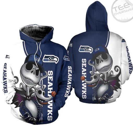 Seattle Seahawks 3D Hoodie in All Over Print with Jack Skellington and Zero Zip Up