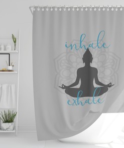 Serene Buddha Yoga Shower Curtain with Inhale Exhale Mandala Sukhasana Pose Silhouette for Zen Bath Decor