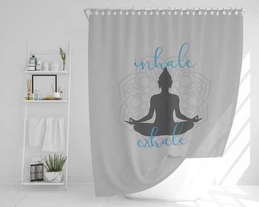 Serene Buddha Yoga Shower Curtain with Inhale Exhale Mandala Sukhasana Pose Silhouette for Zen Bath Decor