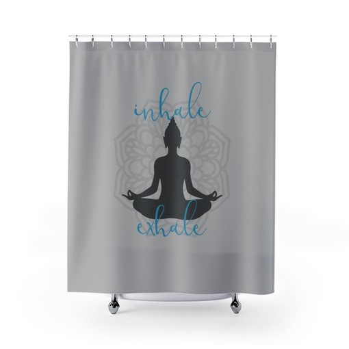 Serene Buddha Yoga Shower Curtain with Inhale Exhale Mandala Sukhasana Pose Silhouette for Zen Bath Decor - Image 2