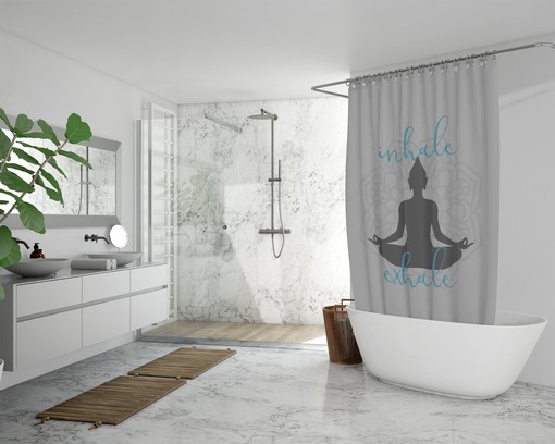 Serene Buddha Yoga Shower Curtain with Inhale Exhale Mandala Sukhasana Pose Silhouette for Zen Bath Decor - Image 3