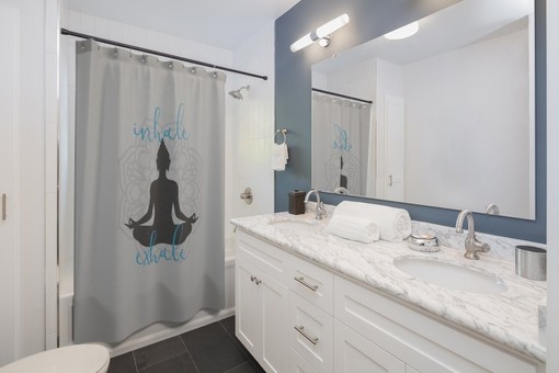 Serene Buddha Yoga Shower Curtain with Inhale Exhale Mandala Sukhasana Pose Silhouette for Zen Bath Decor - Image 4