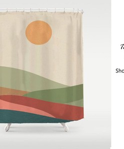 Serene Sun and Montain Cream Sky Field Shower Curtain - Modern Art Landscape Design - Heavy Duty Waterproof Curtains