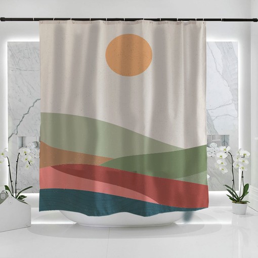 Serene Sun and Montain Cream Sky Field Shower Curtain - Modern Art Landscape Design - Heavy Duty Waterproof Curtains - Image 2