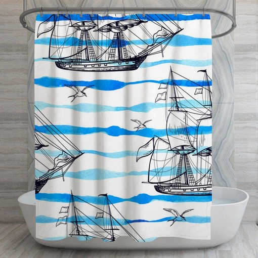 Ship Pattern Nautical Shower Curtain | Coastal Cottage Bath Decor | Cool Bathroom Curtains