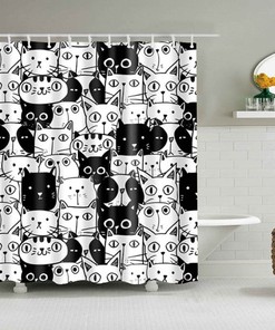 Show Your Love for Your Feline Friend with Cute Black and White Cat Shower Curtain, Pet Animal Fabric Bathroom Decor
