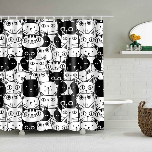 Show Your Love for Your Feline Friend with Cute Black and White Cat Shower Curtain, Pet Animal Fabric Bathroom Decor