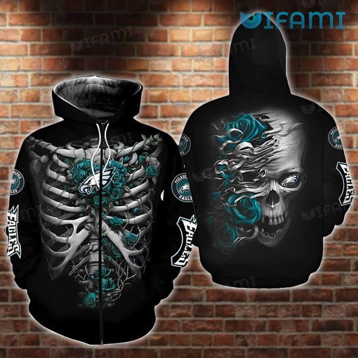 Show off Your Love for Horror with Skeleton Roses Logo Philadelphia Eagles 3D Zip Up Hoodies