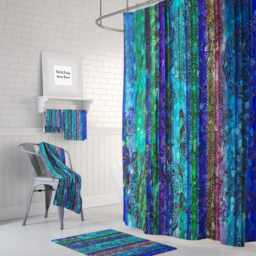Shower Curtains Decorative Gypsy Blue Boho Chic Shower Curtain with Optional Bath Mat and Towels