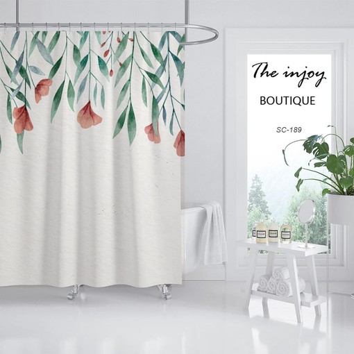Simple Floral Shower Curtain, Customizable Size, Plant Bathroom Decor with Hooks - Image 2