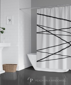 Simple One Line Abstract Shower Curtain with Minimalist Bath Curtain for Abstract Black and White Bathroom Decor