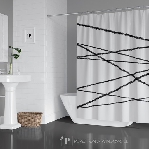 Simple One Line Abstract Shower Curtain with Minimalist Bath Curtain for Abstract Black and White Bathroom Decor