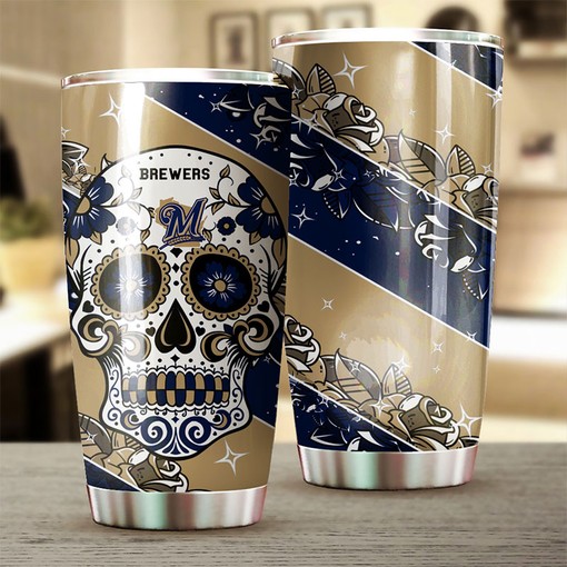 Skull Design and MLB Logo for Unique Style - Milwaukee Brewers MLB Tumbler with Personalized Design