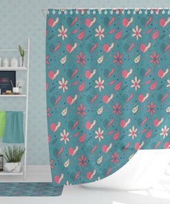 Snail and Floral Shower Curtain, Customizable Size, Blue and Pink Floral Fabric Bathroom Curtain