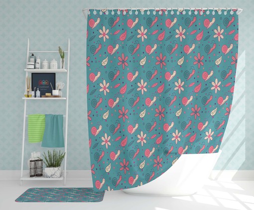 Snail and Floral Shower Curtain, Customizable Size, Blue and Pink Floral Fabric Bathroom Curtain