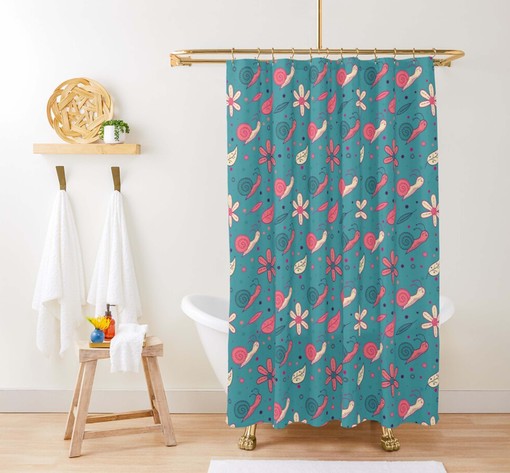 Snail and Floral Shower Curtain, Customizable Size, Blue and Pink Floral Fabric Bathroom Curtain - Image 2