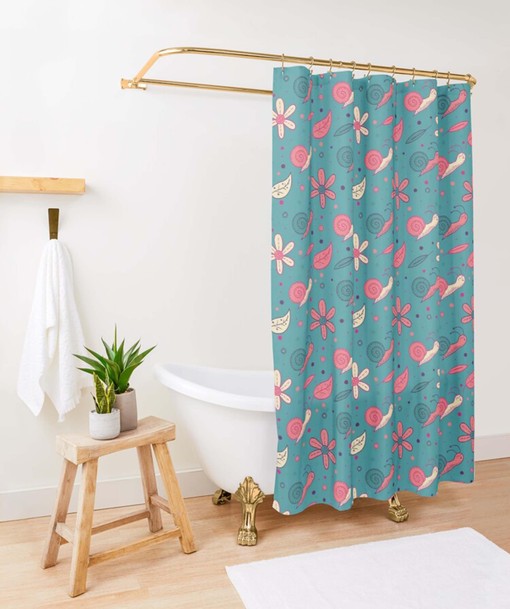 Snail and Floral Shower Curtain, Customizable Size, Blue and Pink Floral Fabric Bathroom Curtain - Image 3