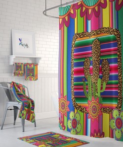 Southwest Serape Cactus Shower Curtain Set with Optional Towels and Mat
