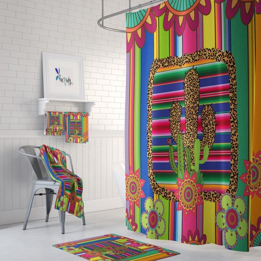 Southwest Serape Cactus Shower Curtain Set with Optional Towels and Mat