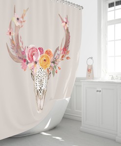 Southwest Skull Boho Chic Shower Curtain Set with Beige Floral Print
