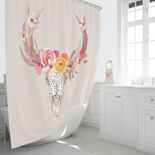 Southwest Skull Boho Chic Shower Curtain Set with Beige Floral Print