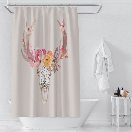Southwest Skull Boho Chic Shower Curtain Set with Beige Floral Print - Image 2