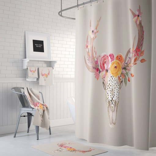 Southwest Skull Boho Chic Shower Curtain Set with Beige Floral Print - Image 3