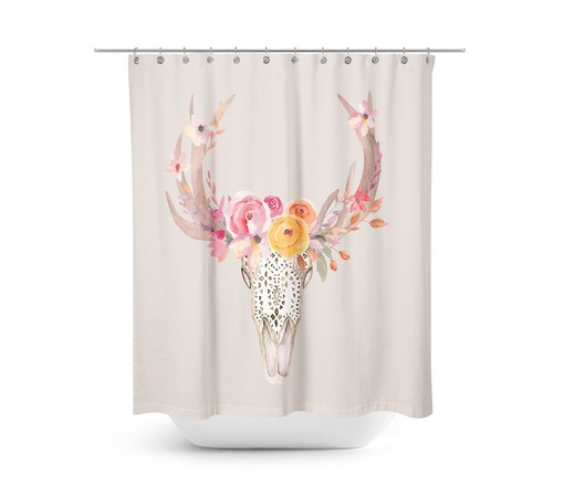 Southwest Skull Boho Chic Shower Curtain Set with Beige Floral Print - Image 4