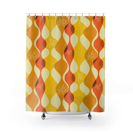 Space Age Astro Starburst Geometric Yellow and Orange Retro Shower Curtain for a Unique Bathroom - Image 2