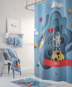 Space Theme Shower Curtain with Galaxy Bath Set for Futuristic Bathroom Decor