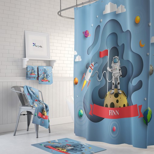 Space Theme Shower Curtain with Galaxy Bath Set for Futuristic Bathroom Decor