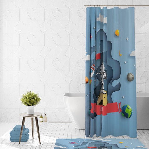 Space Theme Shower Curtain with Galaxy Bath Set for Futuristic Bathroom Decor - Image 2