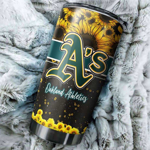 Spectacular Oakland Athletics MLB Tumbler with Exceptional Sunflower Design and Iconic MLB Logo