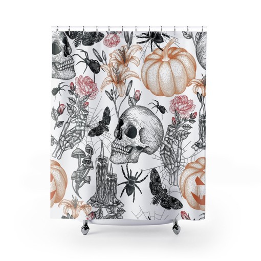 Spooky Art Shower Curtain, Halloween Print Bathroom Decor, Skull Pumpkin Flower Art