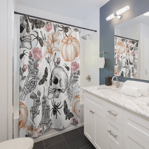Spooky Art Shower Curtain, Halloween Print Bathroom Decor, Skull Pumpkin Flower Art - Image 2